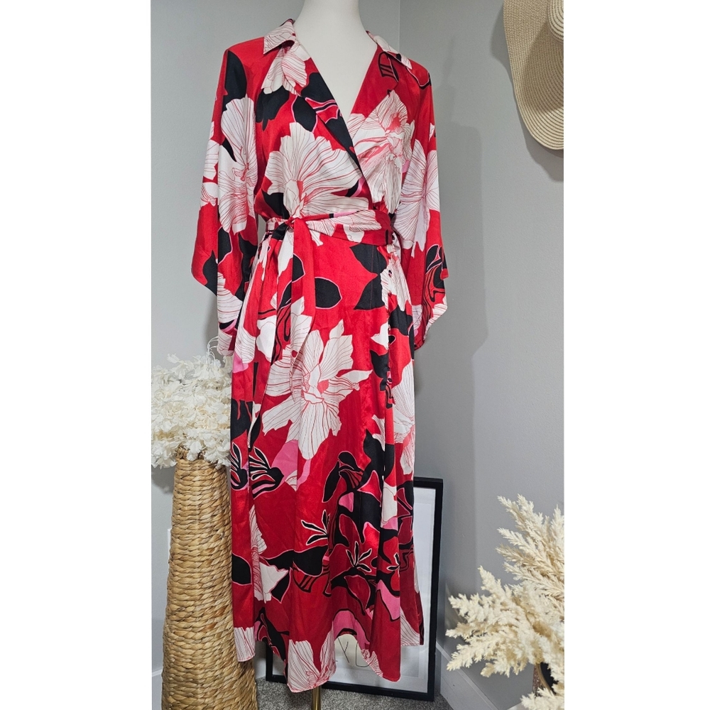 Zara Red Black Floral Kimono Style Lapel Collar V-neck Midi Dress